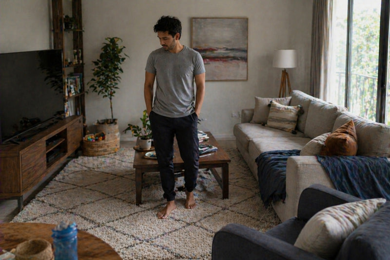Man standing in a living room with a couch, coffee table, and TV.