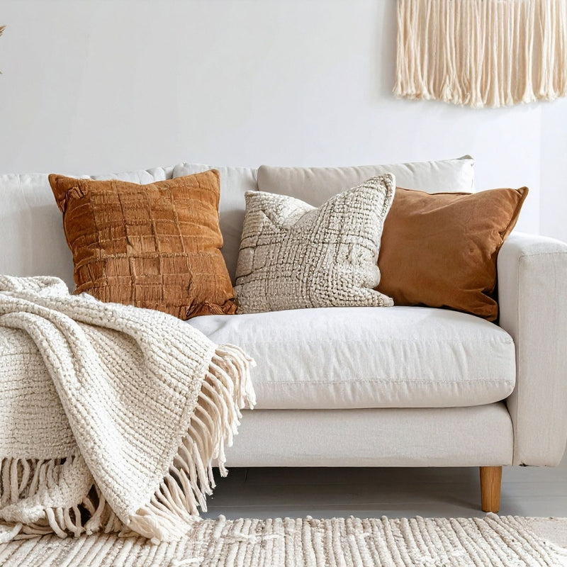 White sofa with brown and beige pillows and a blanket in a living room setting.