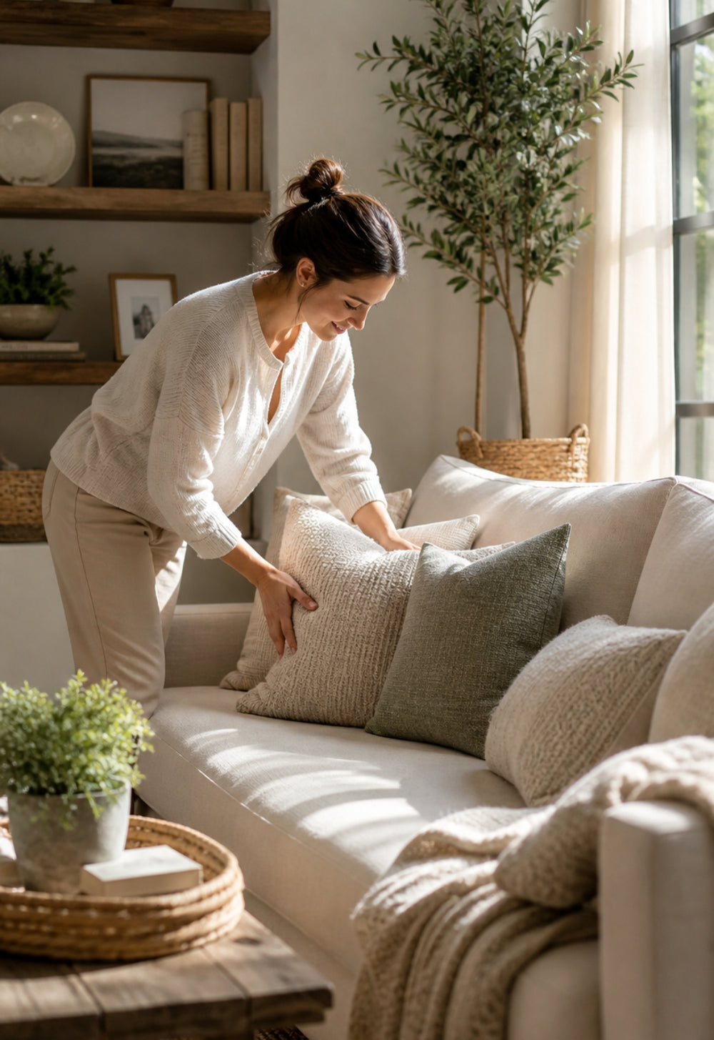Woman arranging pillows on a beige sofa in a cozy living room.