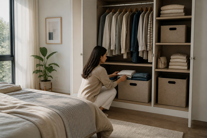 Woman organizing clothes in a wardrobe with shelves and boxes.