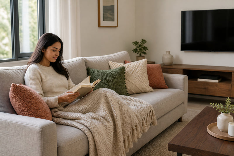 Woman reading a book on a cozy couch in a living room.